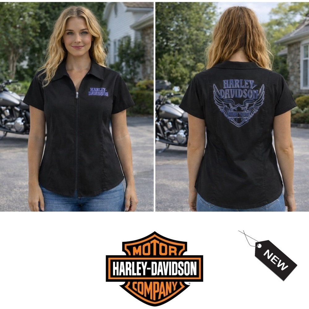 NWT Embellished rhinestone Winged Zip Front Shirt, Black top